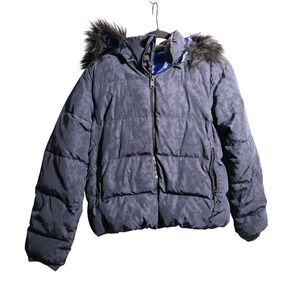 Gap Outdoor Edition Winter Warmth Puffer Jacket Hooded Faux Fur Trim Navy Camo M